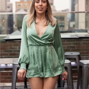 Francesca's Collections Sage Green Satin Long Sleeve Romper
